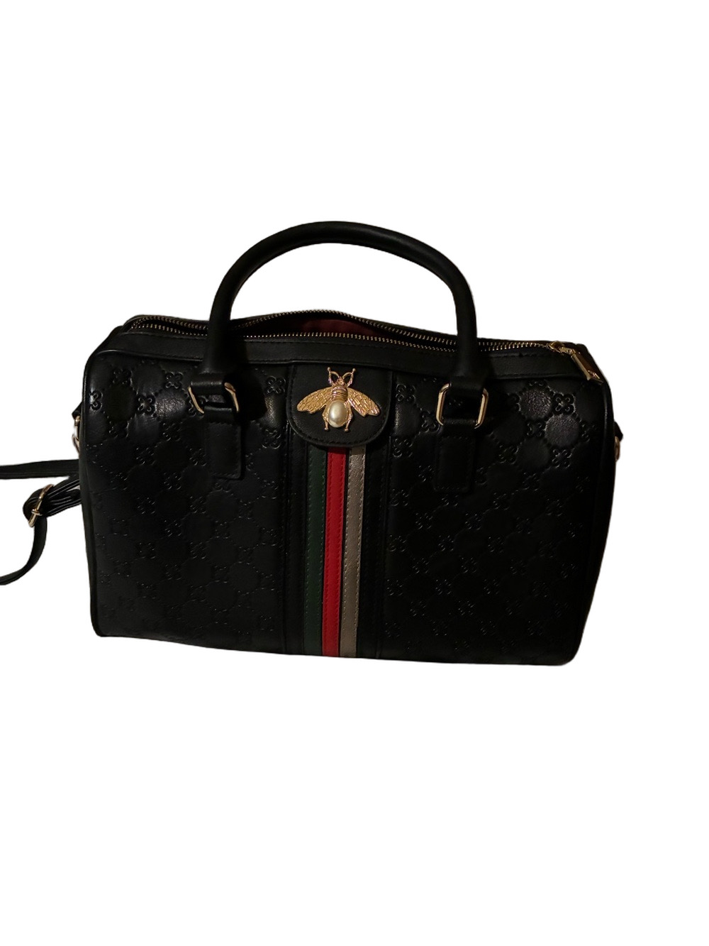 Black Satchel with Green-Red Stripe and Bee Accent